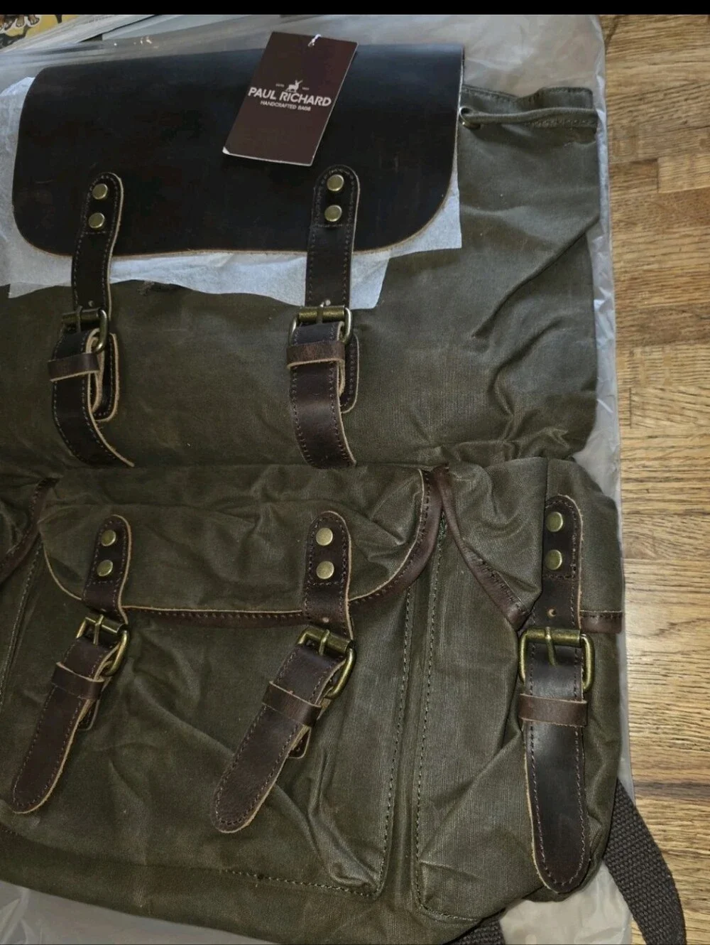 Paul richard handcrafted backpack, waxed canvas and leather